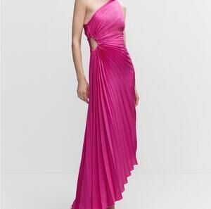 Mango One Shoulder Satin Asymmetric Pleated Maxi Dress Pink Sz 4 Wedding Guest
